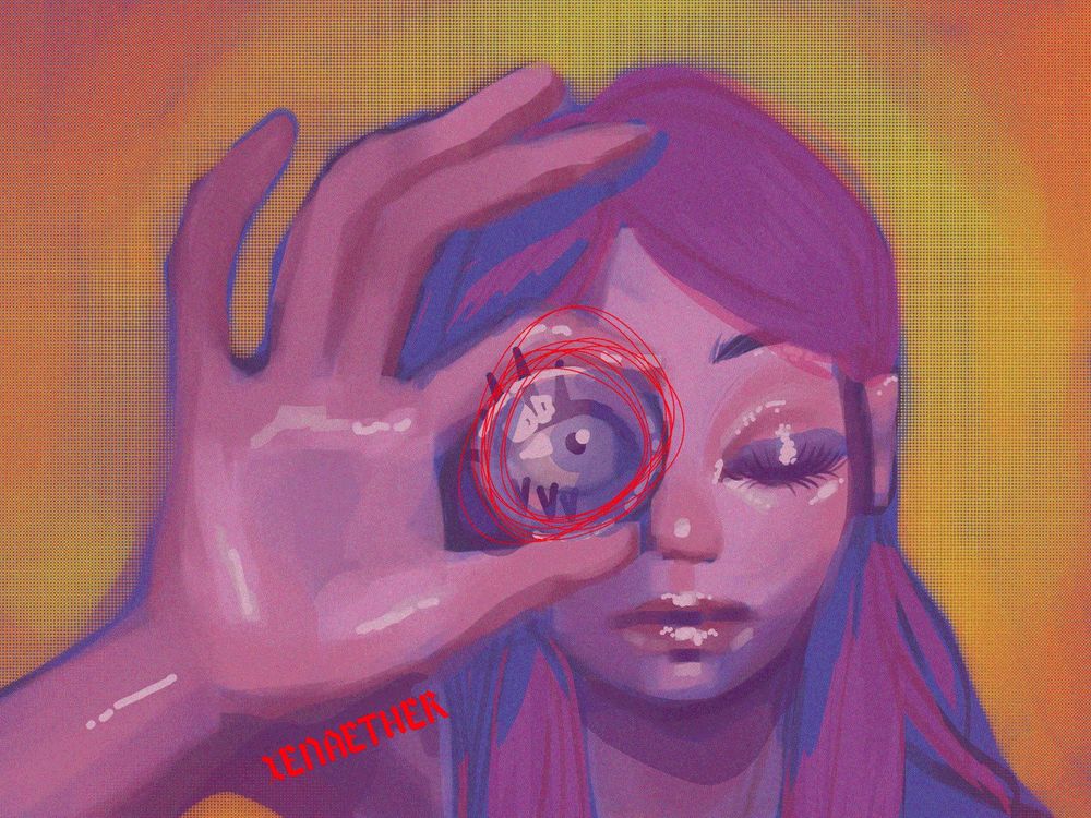 whimsical digital artwork of a girl holding a magnifying orb above one of her eyes. the other (left) eye is shut. there is a red circle around the orb. the colours are bright but still muted and resemble someone reintegrating with life after an extended period of depression.