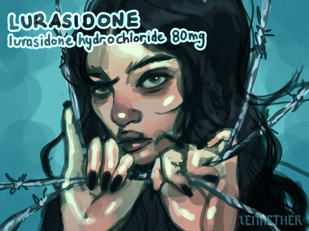 a digital portrait of a glum lady with dark, wavy hair. she is pulling barbed wire away from her face. top right text reads "LURASIDONE" "lurasidone hydrochloride 80mg"