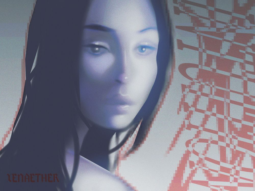 digital artwork of a portrait of an ethereal looking person with long messy dark hair. the figure is looking down. There is red digital artefacting around the portrait and on the right hand side. The graphic on the right hand side is some cybersigilism with "INTUITION" written on the side with a slant.