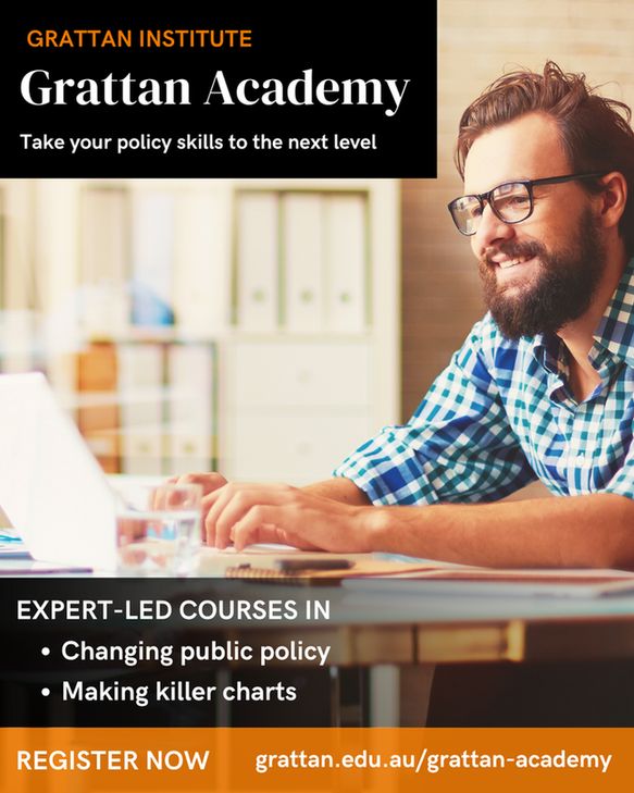 Graphic promoting Grattan Academy with a photo of a man with a beard working at a computer.