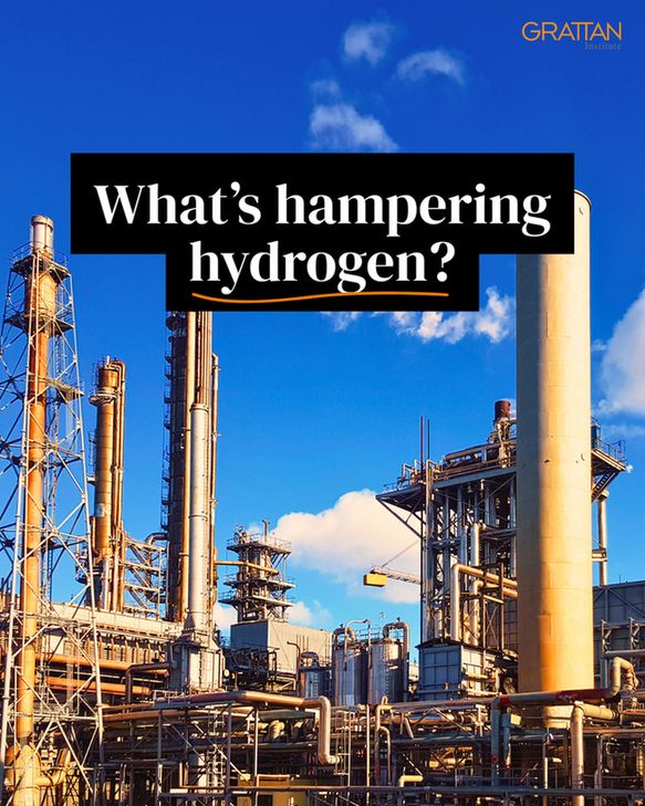A graphic of an ammonia plant with the text on top 'What's hampering hydrogen?'
