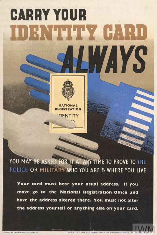 WW2 poster- a policeman’s hand takes a National Registration ID card from a plain, citizen’s hand. Text says a citizen may be asked for the card at any time 