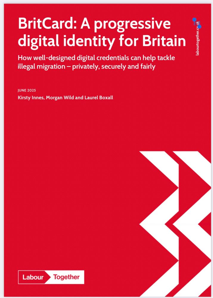 Front cover of Labour Together’s Britcard proposal. It is red and promises a ‘progressive digital identity for Britain’. The abstract imagery suggests progress (arrows) and immigration borders (the arrows are partially interrupted)