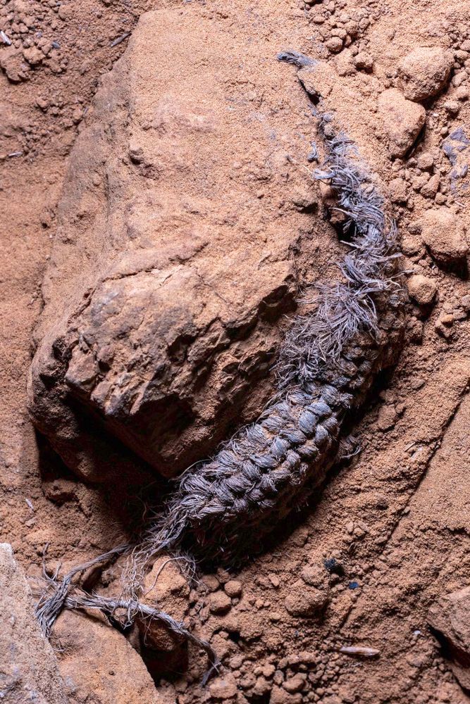 Rough fibers from a prehistoric shoe are partially buried in sand.