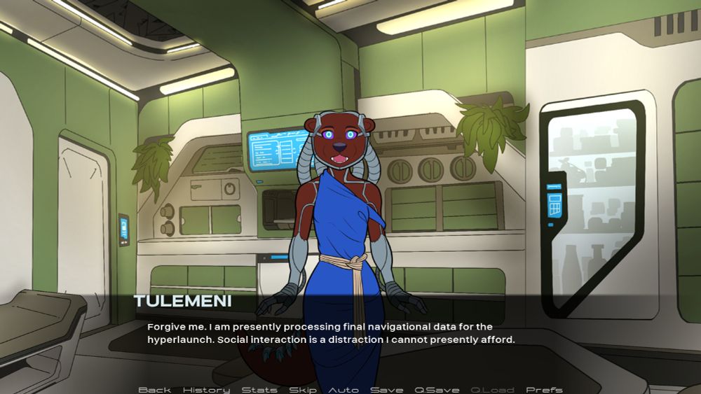 Another in-development furry visual novel screenshot. A heavily cybernetically-augmented otter female in an asymmetric blue dress stands in a sci-fi kitchen and dining room, green and white dominating the colour scheme. Her stare and speech is robotic as she begs forgiveness for being too busy to socialise.