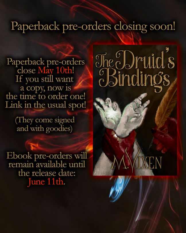 The text: paperback pre-orders closing soon!
Paperback pre-orders close May 10th! If you still want a copy, now is the time to order one! Link in the usual spot!
(They come signed and with goodies)
Ebook pre-orders will remain available until the release date: June 11th