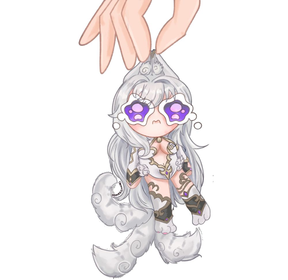 Chibi version of Nyx with big anime crying eyes being picked up by a big hand.
