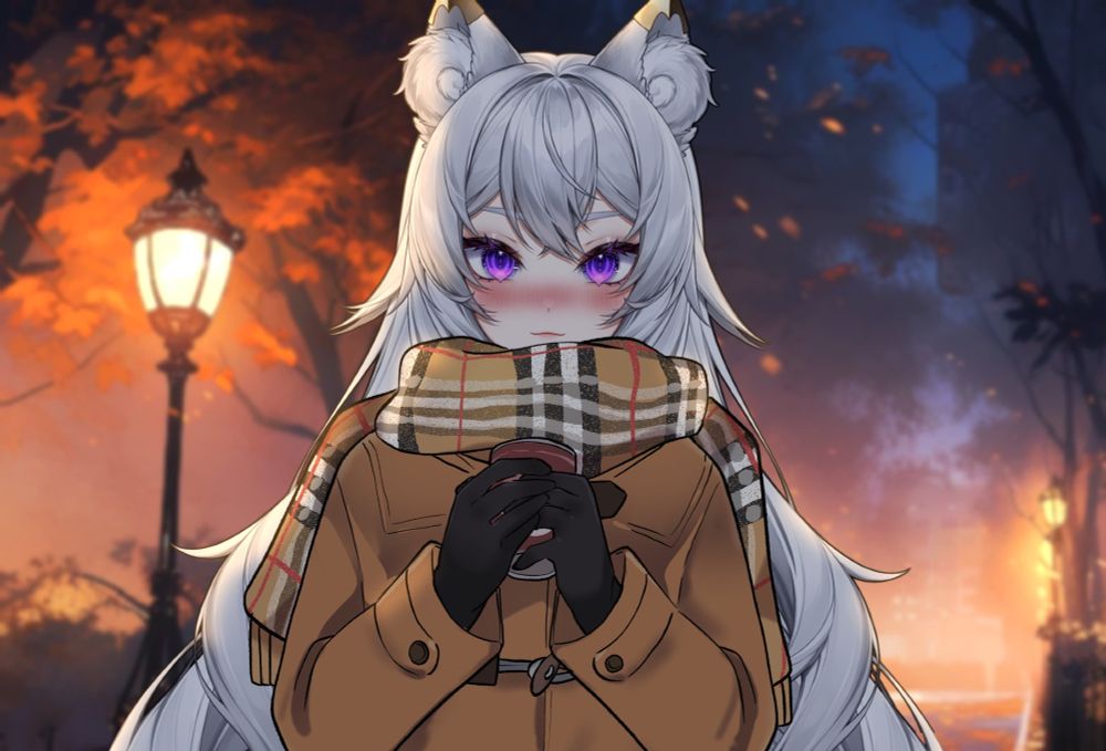 Vtuber in a coat and scarf holding a cafe travel cup. The vtuber has long white hair, cat ears, and purple eyes.