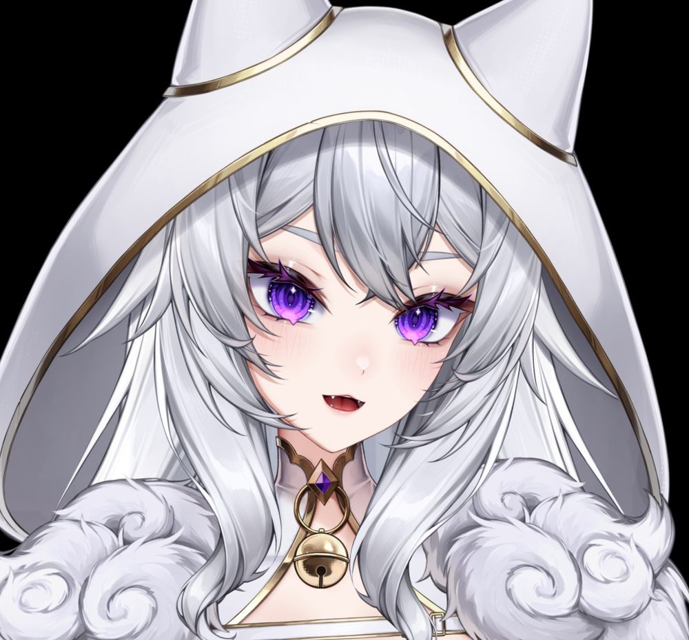 White haired catgirl with a smiling expression and a white hood over her head. 