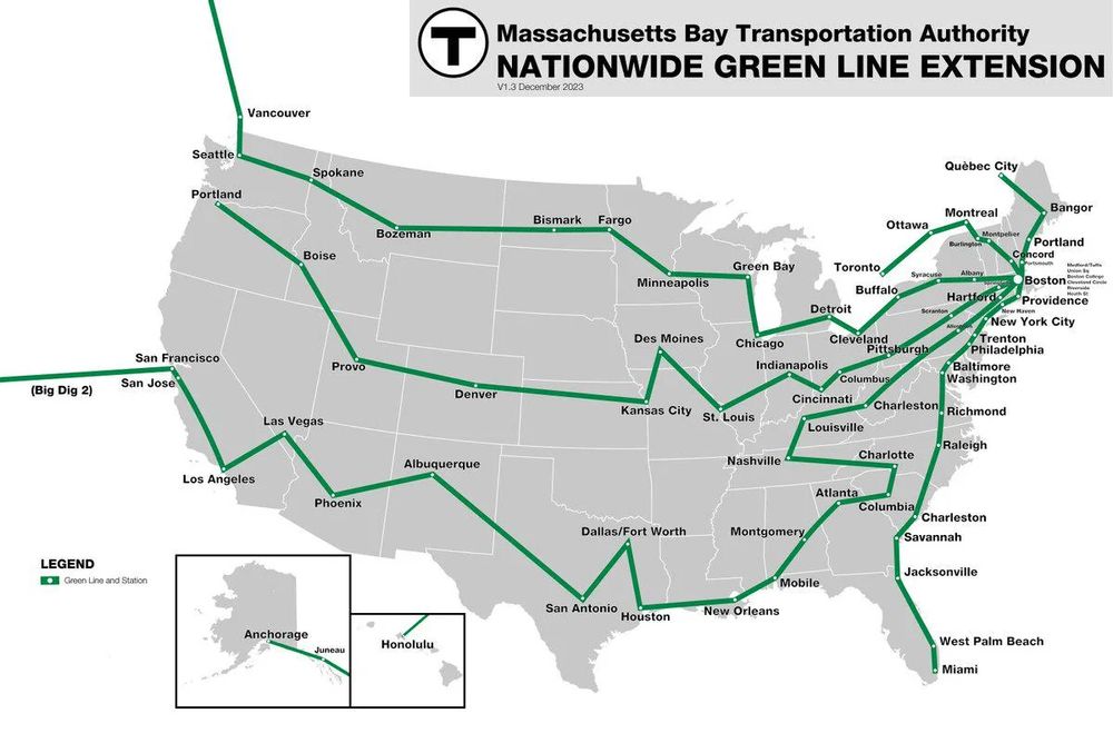 Genius/deranged map of the MBTA green line, extended across the entire US, including Alaska and Hawaii