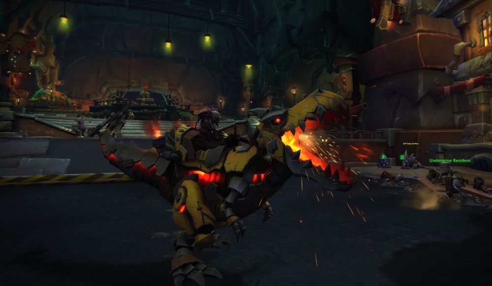 A robot tyrannosaurus rex belching flames and sparks while a goblin rides on its back.