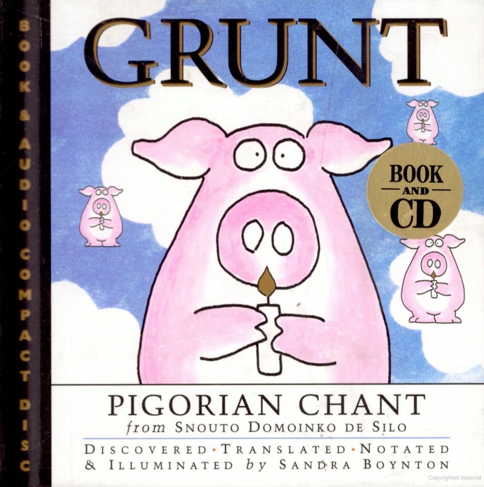Cover for Sandra Boynton’s Pigorian Chant. A classic Boynton pink pig stands in front of a cloudly blue sky looking pious and holding a candle.