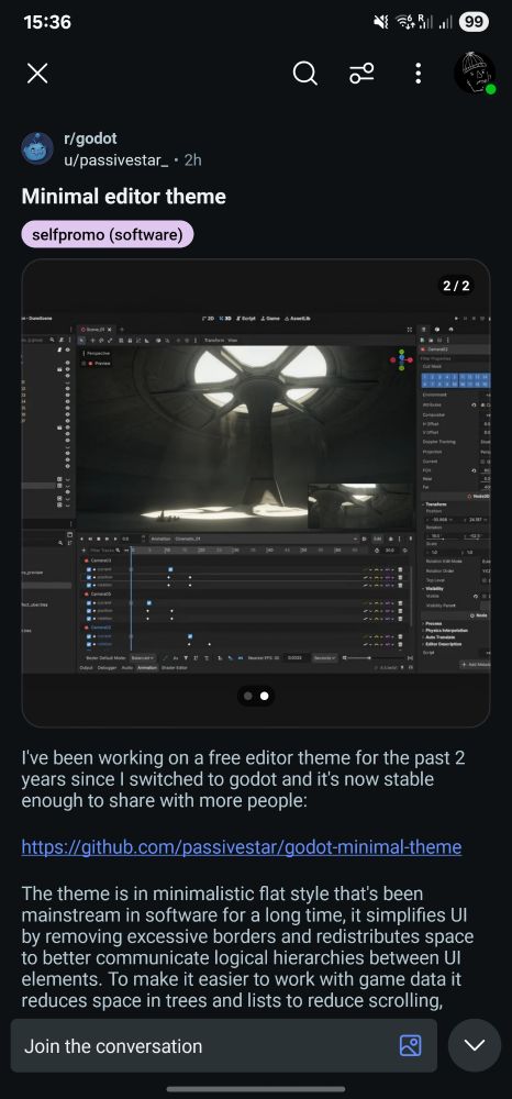 Screenshot of the r/Godot post mentioned by passivestar