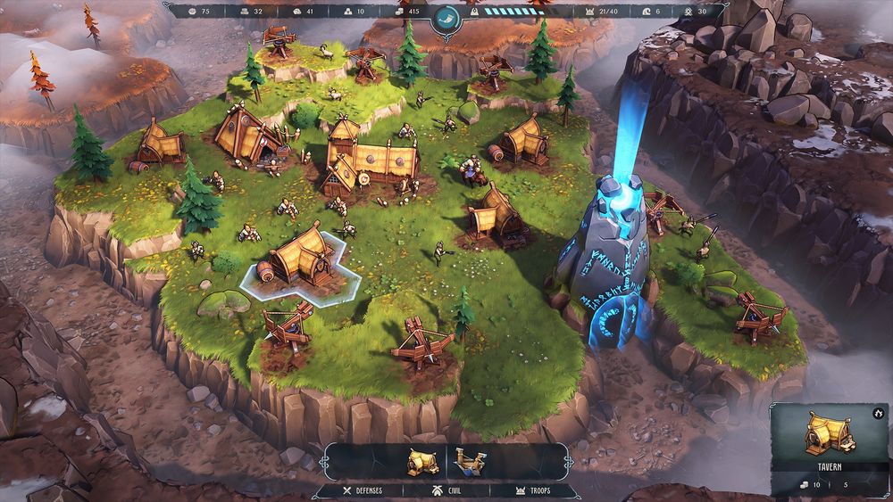 Screenshot of Dawn of Defense. There is an island surrounded by trenches. On the island there are trees, buildings, and a large stone tower with a blue light beam coming out of the top. The tower has a door that leads to the trenches. There is also a game UI, showing one of the selected buildings.