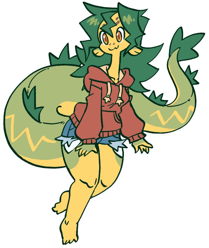 just a big ol green eel mermaid in a brown hoodie and cut-off jean shorts