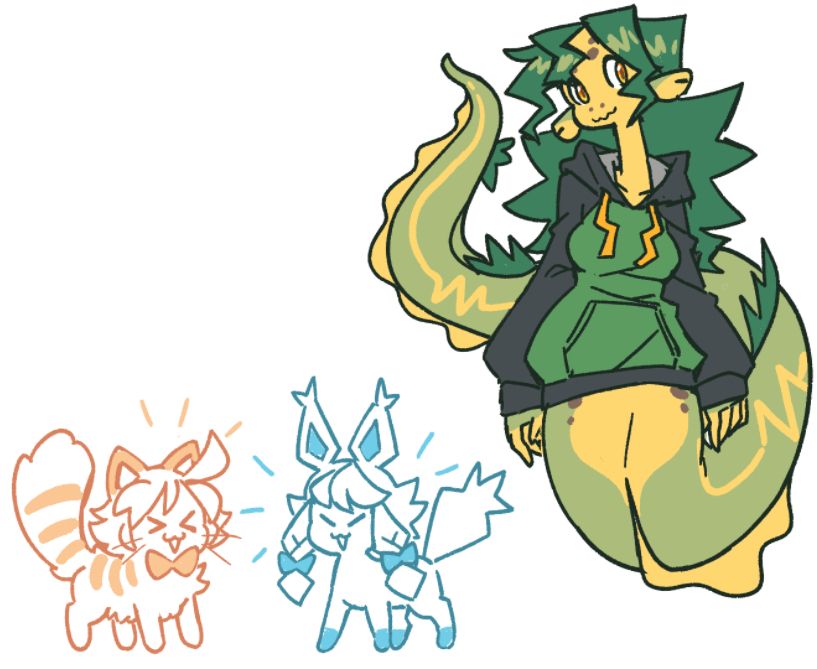 Hanaiko and Fuarlain more critter-like as their respective creatures (orange cat and Glaceon). Gave Acie a hoodie, as is tradition.