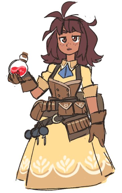 Mocha as an Alchemist. Since she's already coffee-themed and usually works at a cafe, it's only thematically appropriate. She brings the same "easily stressed customer service worker" energy to her adventures; as long as she's happy and everything is going fine, you'll get your healing potions with a speedy delivery and a bright smile! But once things go south and the party gets cranky, she'll be less careful of the placement of her bombs and start bringing out the SPLASH potions of healing.
