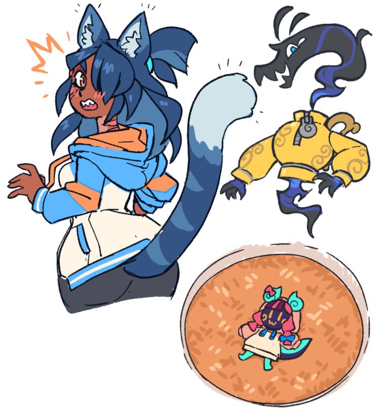 Tsunami gets hit with the catgirl beam, a random character design that appeared to me in a dream, and a teeny tiny Habiniri getting cozy on a bed of fried rice.
