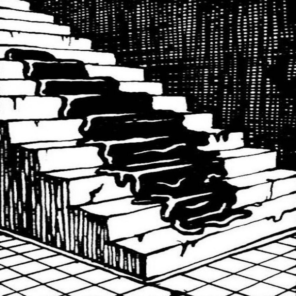 Album cover for Ascending the Stairs Towards My Nightmares Supreme by Poppet. It is an illustration of thick, black liquid pooled on stairs, running down its steps.