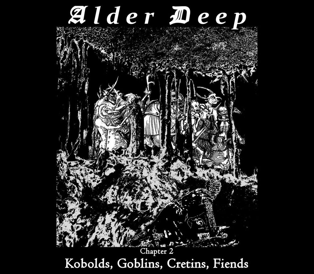 Cover art for Chapter 2: Kobolds, Goblins, Cretins, Fiends by Alder Deep. It depicts a knight hiding from a band of monsters.