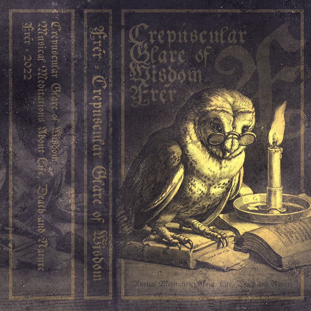 Album cover: Crepuscular Glare of Wisdom by Frér. Depicts an owl with glasses standing upon a book, lit by candle.