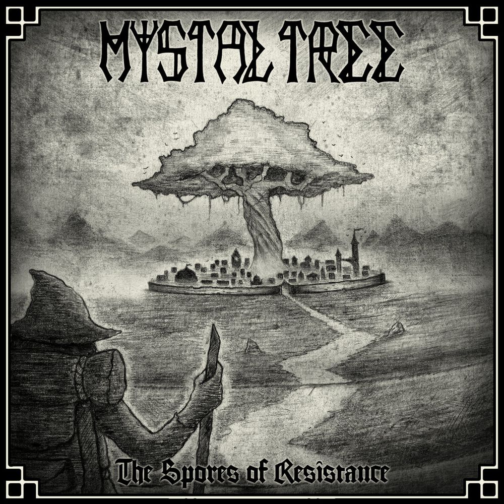 Cover art for The Spores of Resistance by Mystal Tree. It depicts a traveler on the path to a town that rests underneath the branches of a massive mushroom-shaped tree.