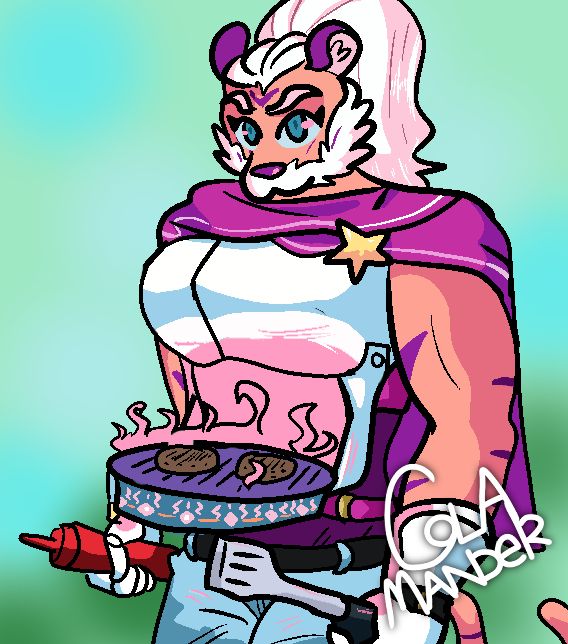 a drawing of jodie from super lesbian animal rpg, a muscular tiger woman wearing armor that also has a grill built into its abdomen with enchanted flames grilling two burgers while she holds a ketchup bottle and a spatula in each hand