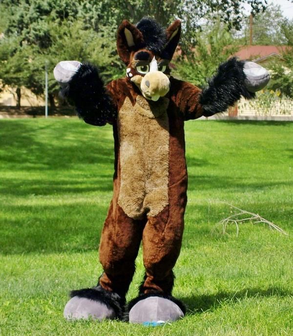 A big plush brown donkey fursuit