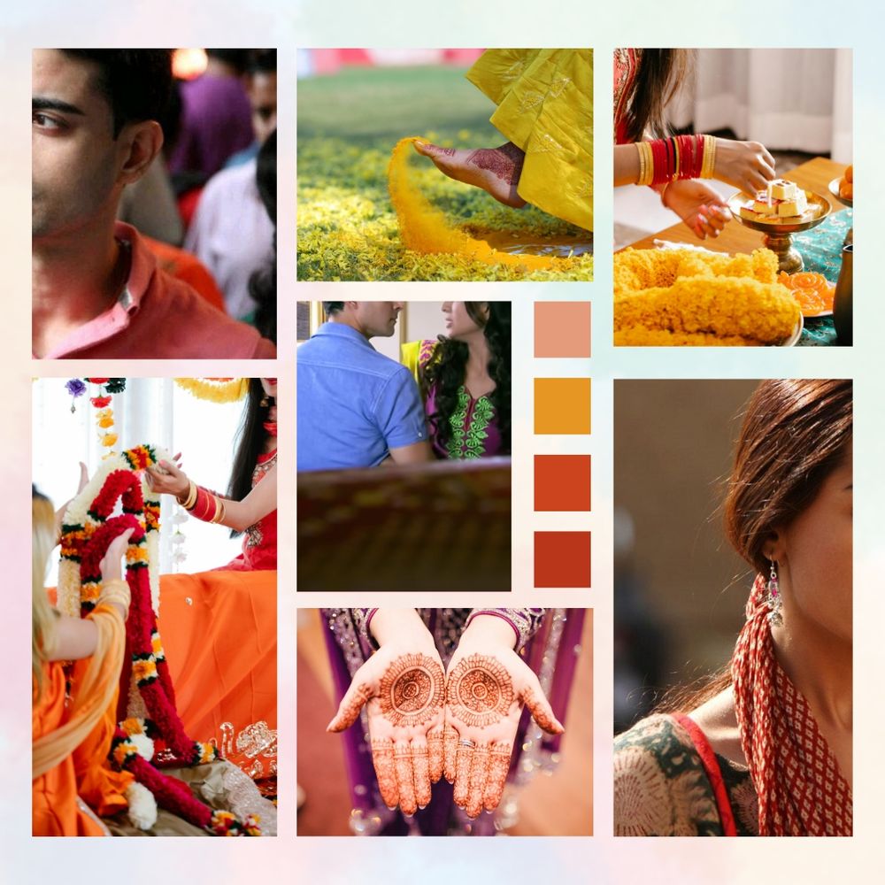 a moodboard on a pastel multi coloured backdrop with 7 pictures and four small boxes showing a colour swatch. from top left to the center, clockwise, the photos show:
- part of the profile of a man in a pink shirt, looking outwards of the photo. he has dark short hair and the one eye we can see is dark.
- a foot kicking yellow powder - turmeric - upwards slightly from grass. there are henna designs on the foot and the ankles are covered by a yellow skirt.
- a wooden table with blue table runner slightly seen. on top of the runner is a metal plate with yellow flower garlands and a small platform plate with barfi, an Indian sweet. a woman with dark hair leans forward slightly, holding one kf the sweets. her face is out of frame but she has yellow and red bangles on her wrists.
- parr of the profile of a woman looking outwards of the photo. she has brown hair tied back from her face by a patterned red dupatta, revealing a silver and red dangling earring. the little bit of her outfit we can see is green patterned with yellow.
- a pair of hands are held out to the camera revealing intricate henna designs.
- two women - one blonde seated on the floor, the other brunette seated on a table covered in orange, are holding coloured flower decorations presumably to be hung up.
- a man in a short sleeved blue shirt is staring at a woman in a purple punjabi suit with green embroidery down the center and a yellow dupatta, clearly upset. their faces are half out of frame, but they stand close together, the man's back to the camera while the woman's body is towards the camera. the bottom half of the photo is a slanted dark brown wooden frame.

the colour swatch are four boxes vertically placed next to the center photo of the couple, of different orangeish shades.