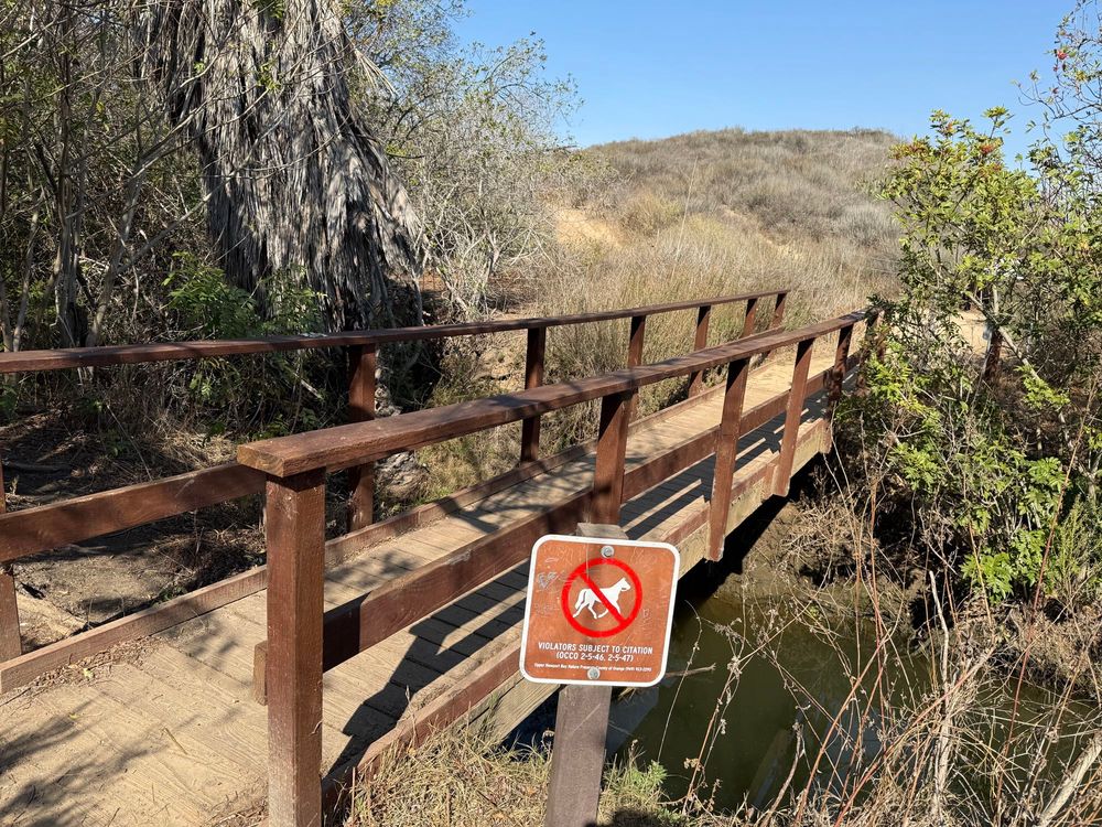 Nature bridge with sign showing an outline of a horse with a red circle and strike through “NO” sign saying “Violators subject to citation.”