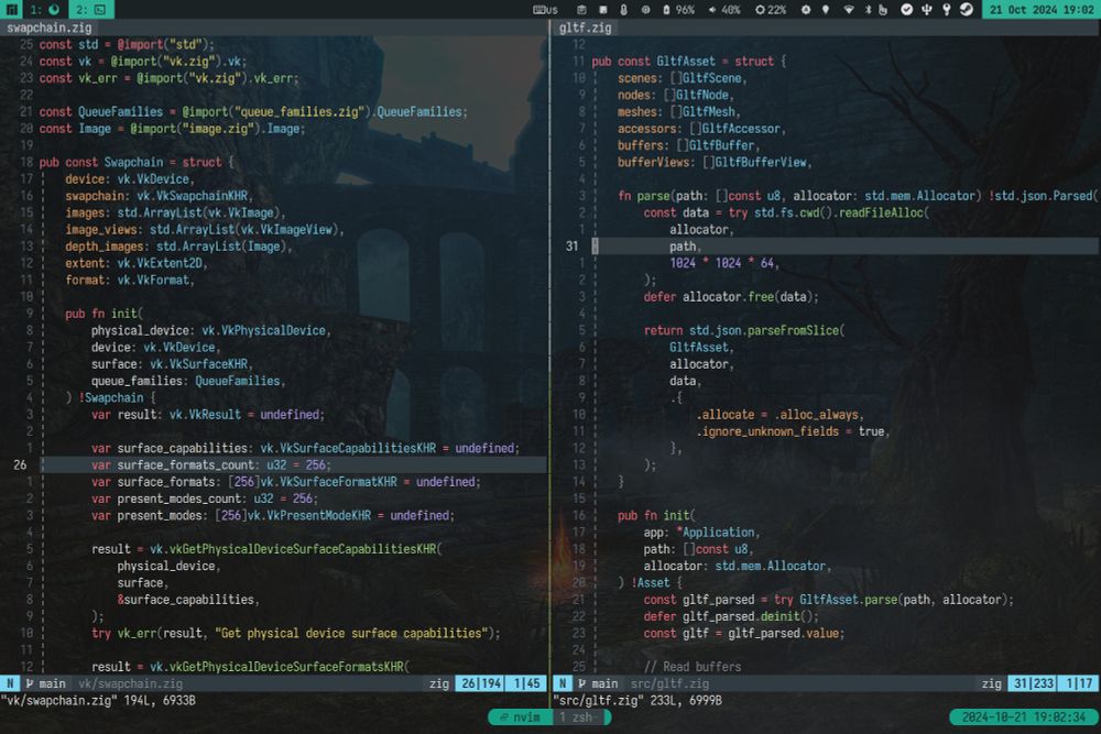 A screenshot of Manjaro Sway running Alacritty, Neovim and Tmux on my AMD Framework 13.