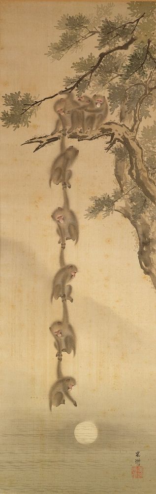 another monkey chain reaching for the moon's reflection. edo period, can't find artist