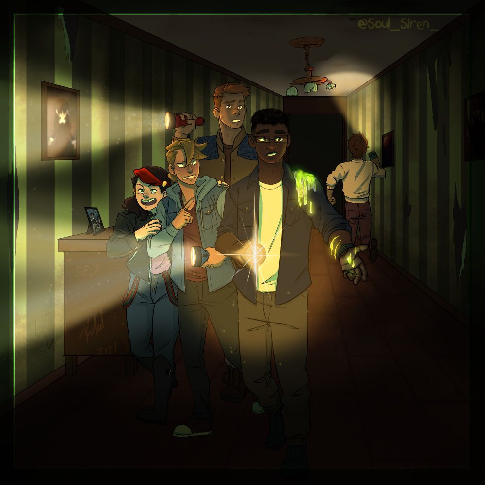2021
The DW crew walking down a spooky hall, with ectoplasm falling on Jaxon.
Winnie is excited, Evelyn is uncomfortable, Ike is unimpressed, and Wyatt is running back.