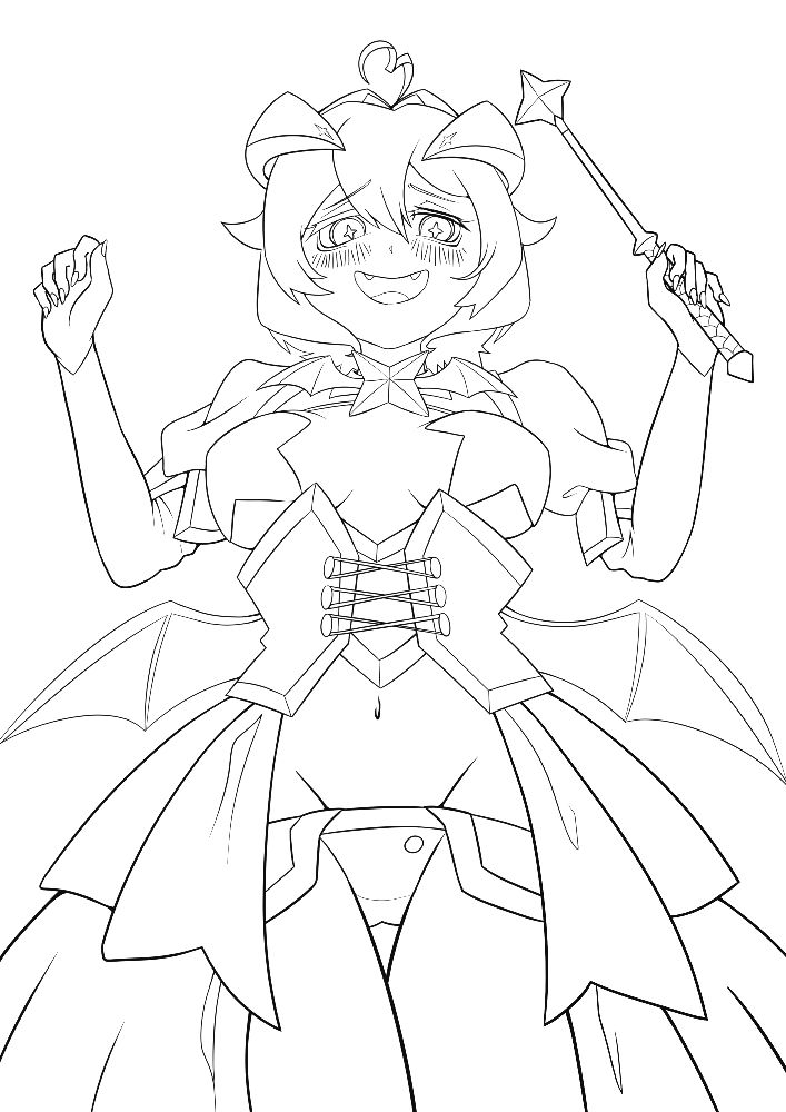Work-in-progress digital illustration of an anime magical girl (Utena from Gushing Over Magical Girls) looking down at the viewer, smiling and blushing while holding a whip that looks like a magic wand in her left hand.