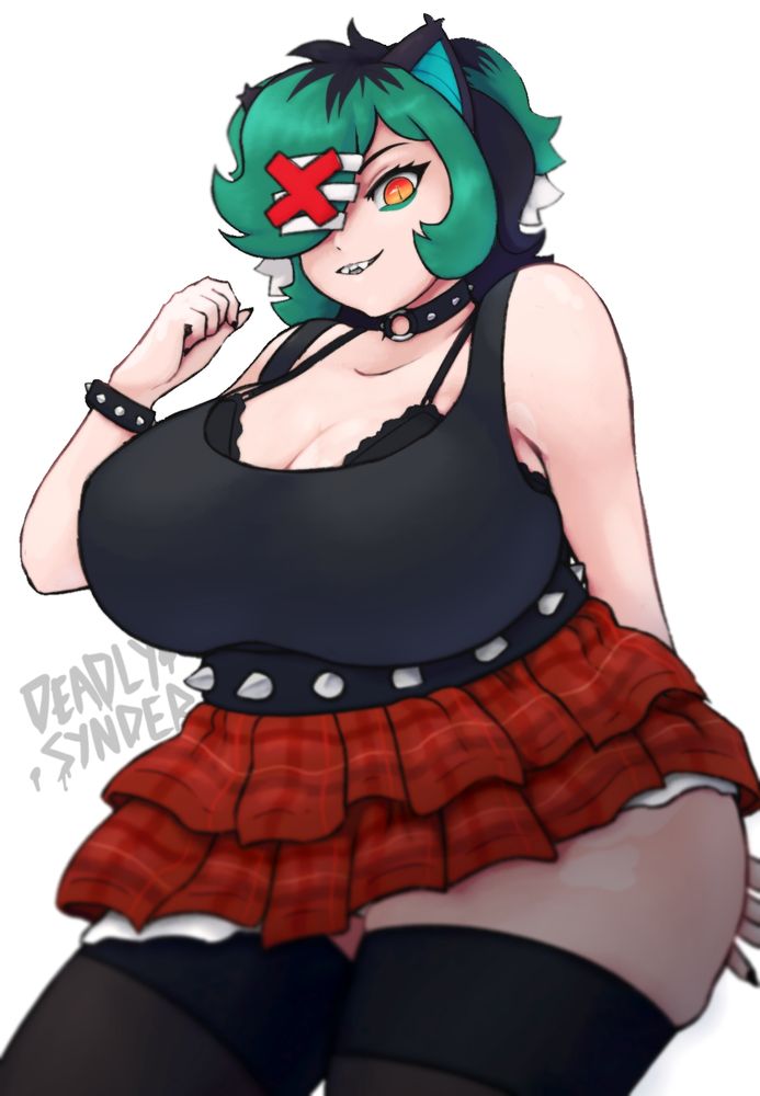 Digital portrait illustration of a busty bat girl looking mischievously at the viewer from a slightly above angle