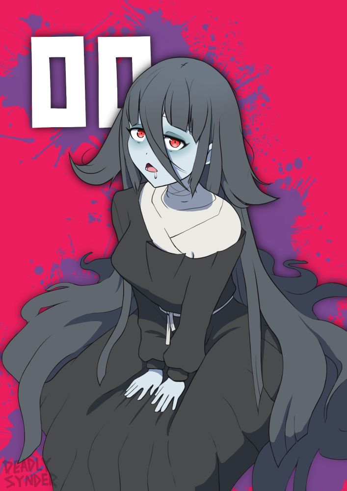 Digital art of Tae, a zombie girl from the anime Zombie Land Saga, sitting and looking at the viewer, her idol number "00" is in white text on a hot pink background with purple paint splatters