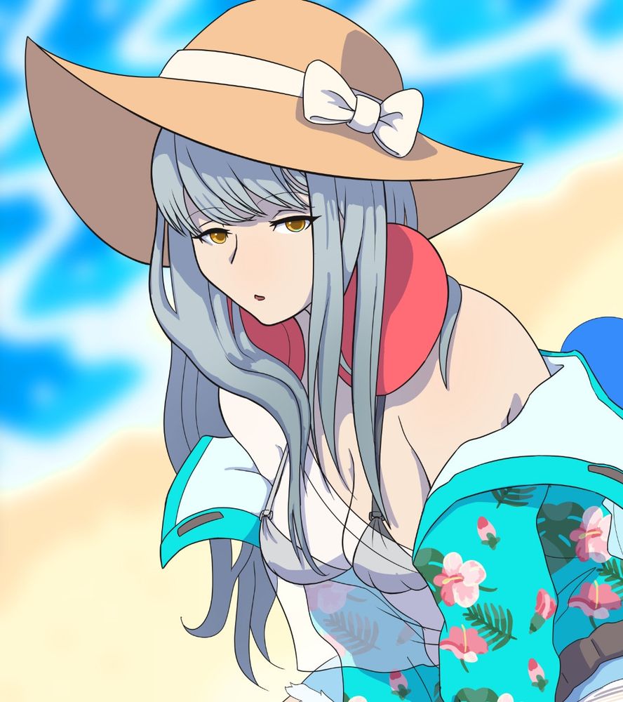 digital art, work in progress, frima from nikke (summer skin) sitting at the beach 