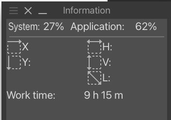 A screenshot from the digital art drawing program Clip Studio Paint. The window reads "Information", followed by "Work time: 9 h 15 m"