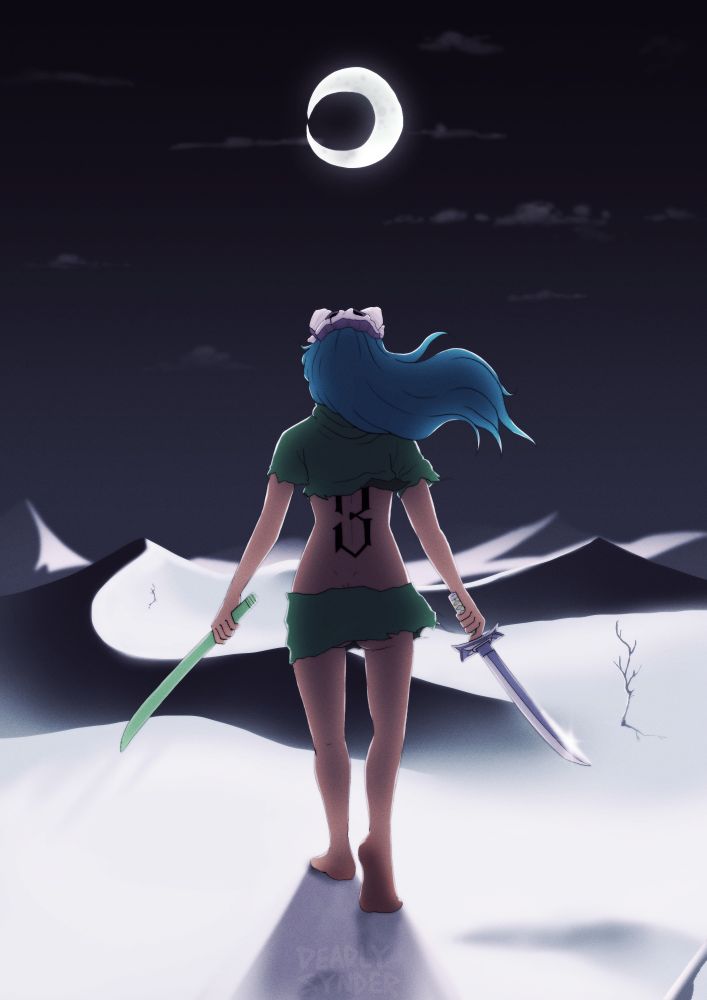 Artwork of Nel from the anime Bleach walking through a white desert holding a sword