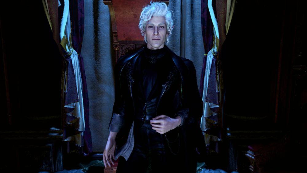 Screenshot from Baldur's Gate 3. Astarion stands in front of the throne in Cazador's ballroom, bathed in blue light and dressed in a black and dark blue suit with a matching longcoat on his shoulders.