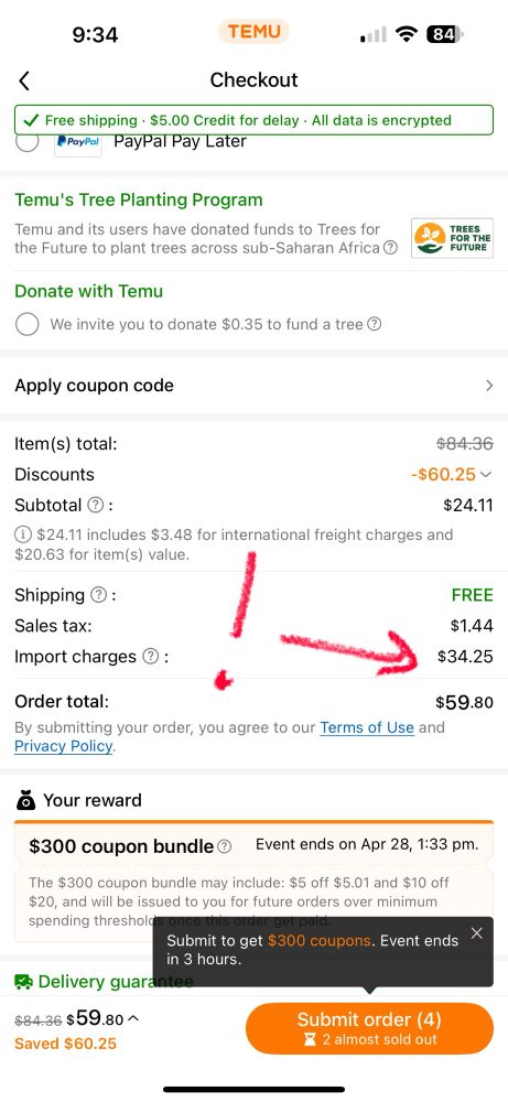 Temu cart with import fee