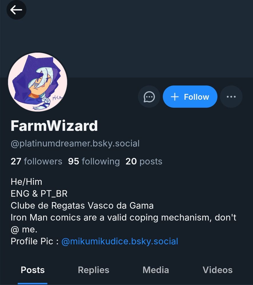 perfil de FarmWizard (@platinumdreamer.bsky.social) com "profile pic: mikumikudice" na bio