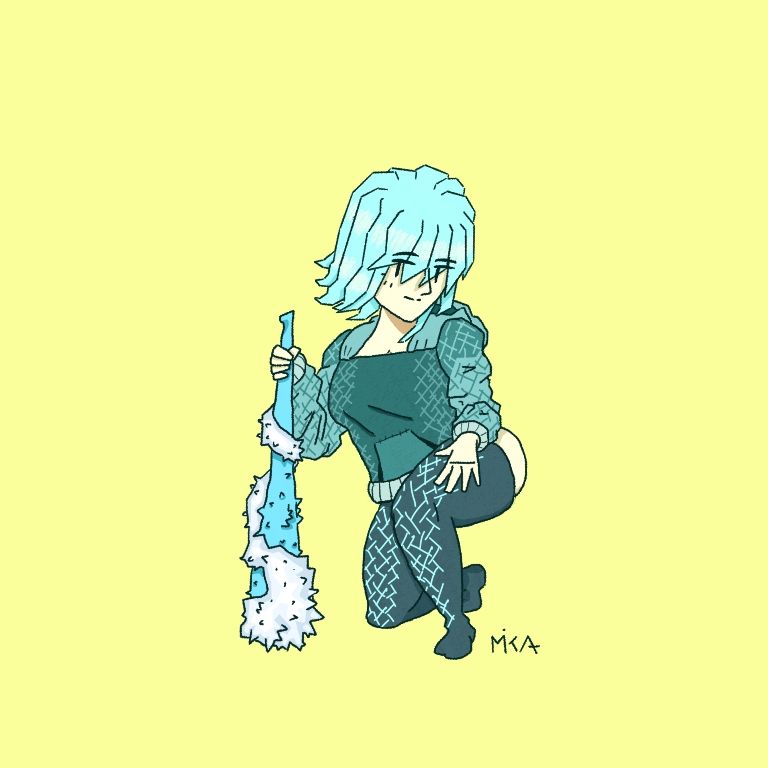 uma menina agachada, se apoiando num bastão de gelo e cristal, usa um moletom azul esverdeado e meias 7/8, descalça. seu cabelo é azul claro. o fundo é amarelo claro bem pastel.