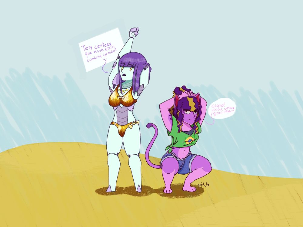 desenho de uma menina robô de biquíni dourado, de pé, e uma garota gato com a roupa da hatsune miku brasileira, agachada. as duas estão na praia. a menina robô pergunta "tem certeza que esse bikini combina comigo?" e a outra responde "claro! ficou uma gracinha~"