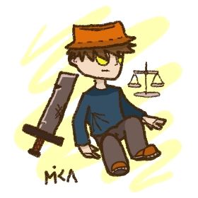 um menino sentado de olhos completamente amarelos, usa um chapéu de pescador laranja, blusa de moletom azul e calças de moletom marrons. seu cabelo castanho é curto, mas bagunçado. ao seu redor, flutuam uma espada e uma balança de pratos