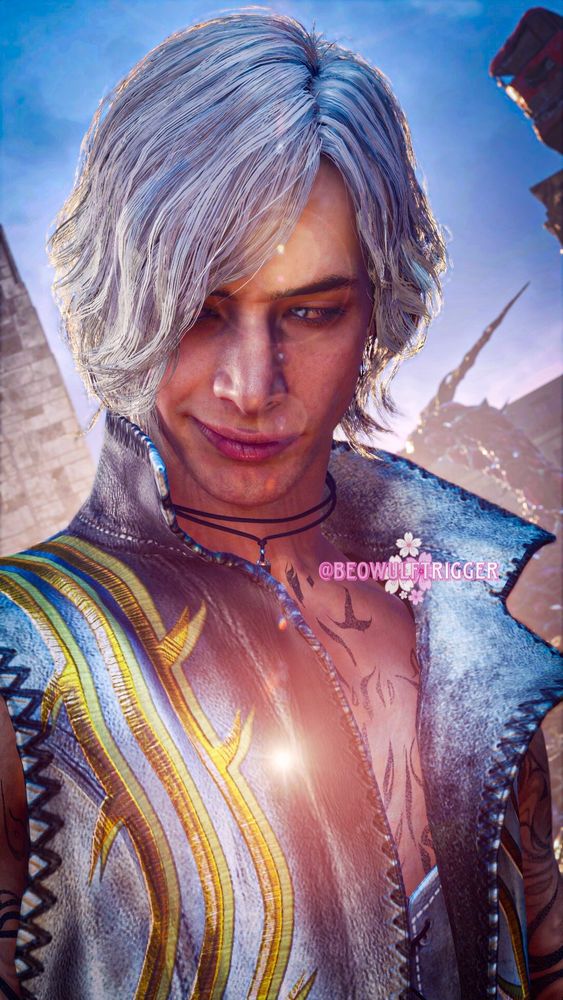 Photo of V from Devil May Cry 5. He has a sly smirk on his lips, his hair is white and his clothes are silvery-white with golden parts.