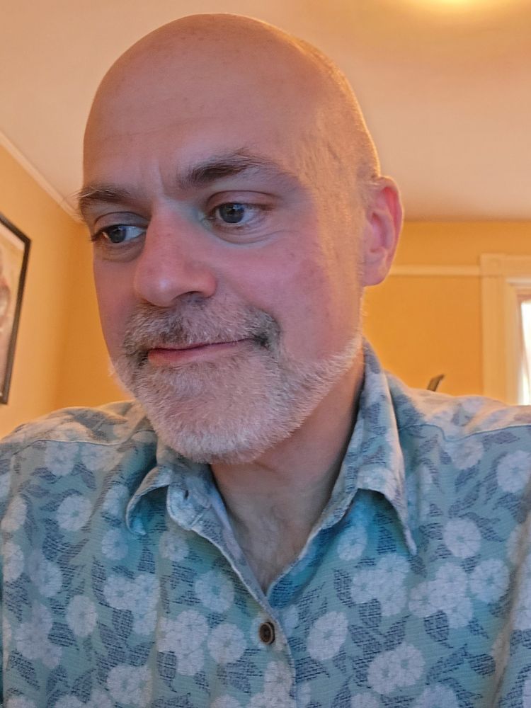 A photo of myself. I am also a bald white man with a white beard. I am wearing a blue shirt with a white flower pattern,  and for some reason I am not looking at the camera, but weirdly down and off to the side. And most importantly, Billy Joel released his debut album before I was born.