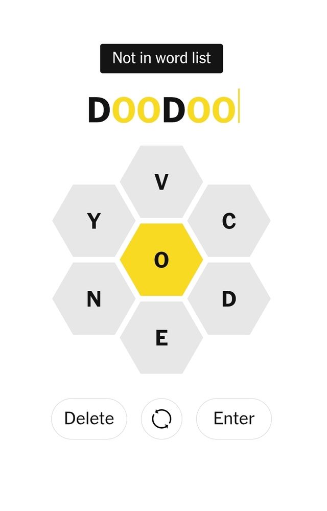 A Spelling Bee board where the user has spelled 