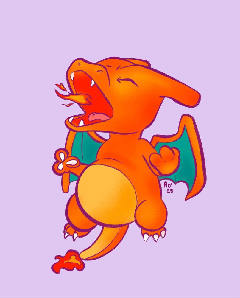 Dibujo digital de un charizard chibi tirando fueguecillo