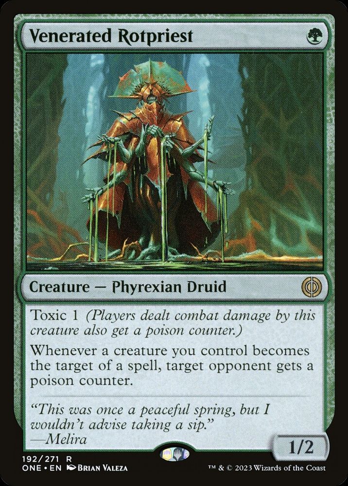 Venerated Rotpriest is a 1/2 Phyrexian Druid creature with Toxic 1 for 1 green mana and reads,

Whenever a creature you control becomes the target of a spell, target opponent gets a poison counter.

Its flavortext reads,

"This was once a peaceful spring, but I wouldn't advise taking a sip."
-- Melira